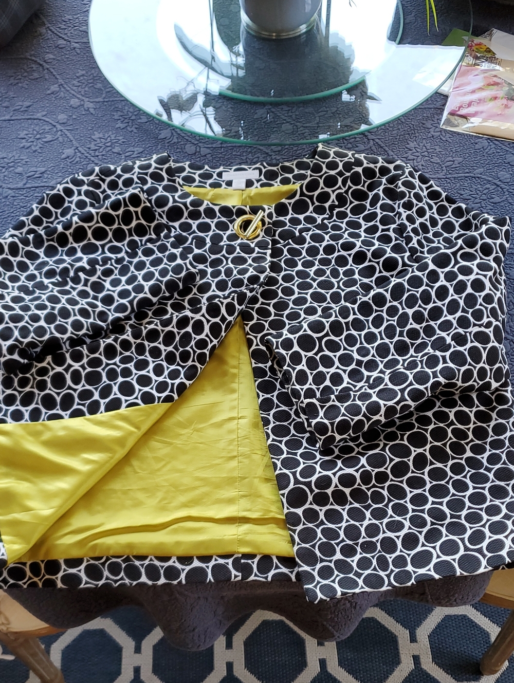 Charter Club Black & White Circle-Print Cropped Blazer with Chartreuse Lining